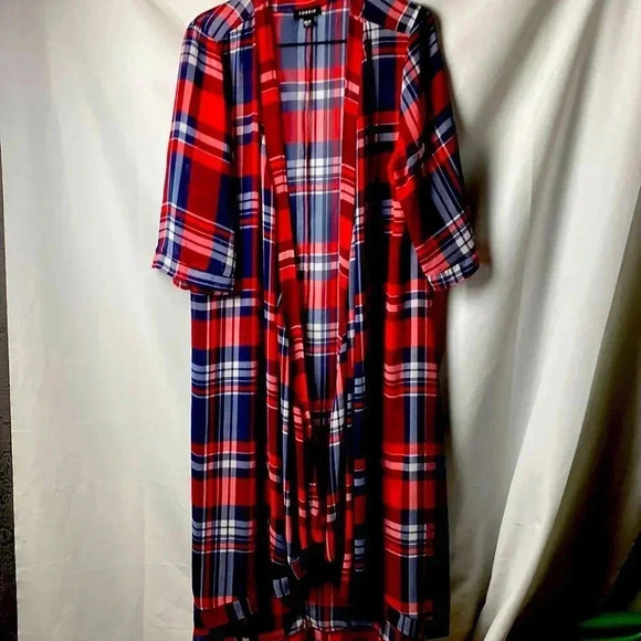 TORRID WO SIZE 0/00 (10/12) LONG NAVY RED PLAID. SHEER OPEN FRONT DUSTER - Picture 1 of 10